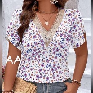 Plus Size Sheer Eyelet Embroidery Lace Petal Sleeve Tee Shirt Top Blouse